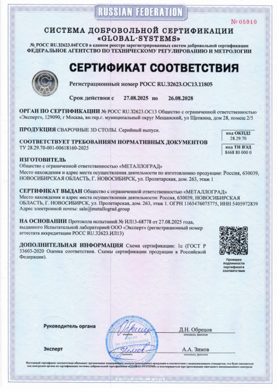 Сертификат соответствия Сварочные 3D столы